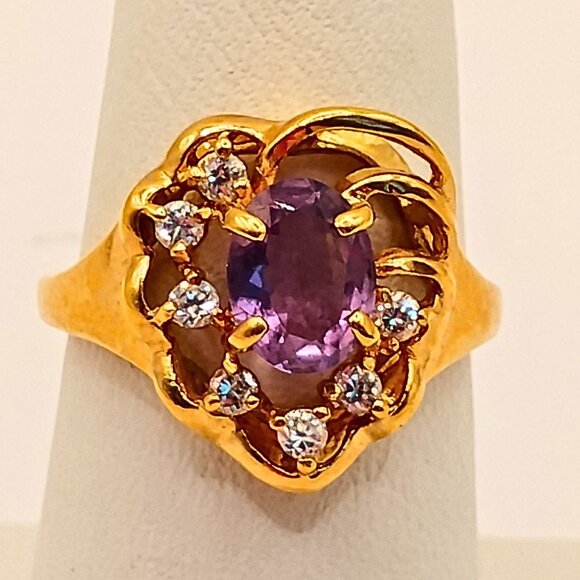 Vintage Lind 14K Gold Plated Amethyst Cubic Zircon Ring Women 7 Heart Intricate - Picture 1 of 8